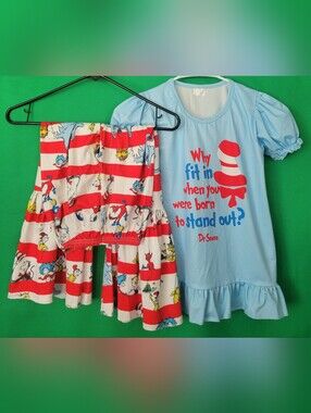 Dr. Seuss Top Striped Character Print Ruffle Flare Pants Outfit 7/8 3XL School
